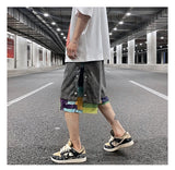 men side buttons patchwork harajuku straight shorts new elastic waist short pants joggers hip hop streetwear casual sweatshorts unique joggers style 1089