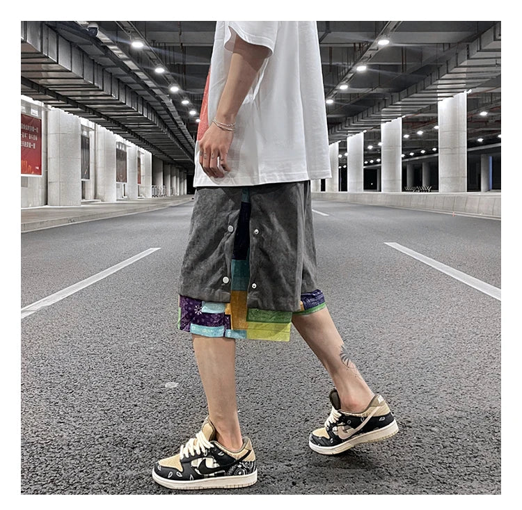 men side buttons patchwork harajuku straight shorts new elastic waist short pants joggers hip hop streetwear casual sweatshorts unique joggers style 1089