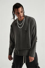 Hip Hop Streetwear Vintage Sweatshirt 2021 Autumn Creative Distressed Destroyed Ripped Holes Pullover Cotton Tops Loose WE301