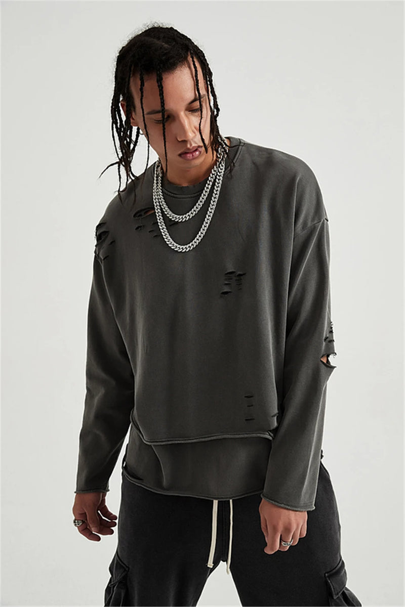 Hip Hop Streetwear Vintage Sweatshirt 2021 Autumn Creative Distressed Destroyed Ripped Holes Pullover Cotton Tops Loose WE301