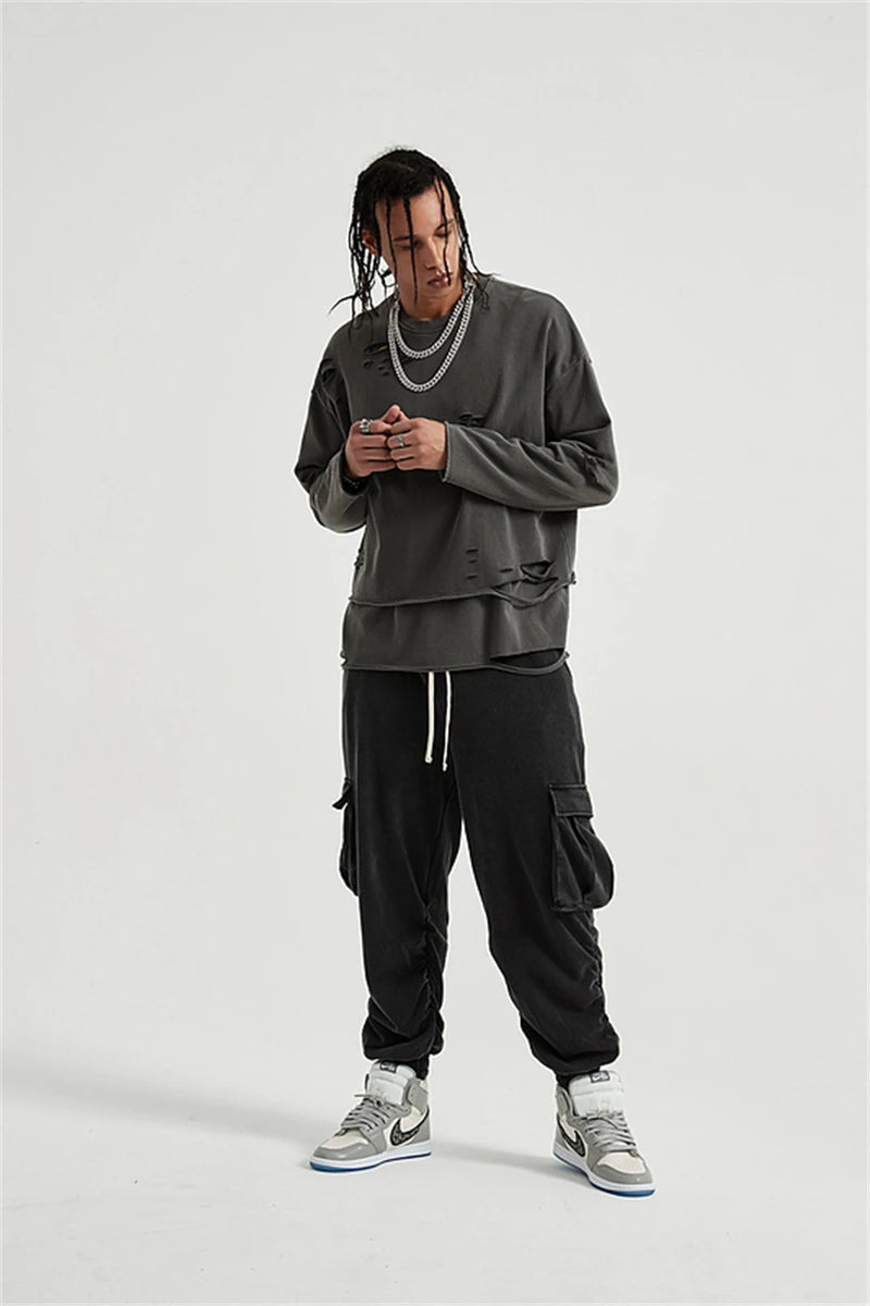 Hip Hop Streetwear Vintage Sweatshirt 2021 Autumn Creative Distressed Destroyed Ripped Holes Pullover Cotton Tops Loose WE301