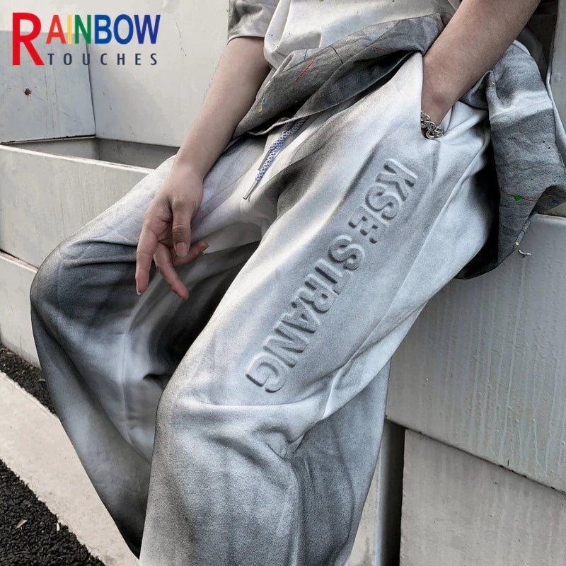 rainbowtouches classic fashion brand new trousers men tie dye gradient loose straight leg drape wide rope comfortable boys pants urban fashion pants