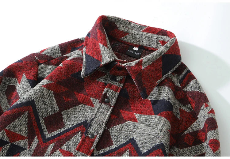 Color Retro Geometric Pattern Men Shirt Thick Casual Baggy Big Pockets High Street Autumn Streetwear
