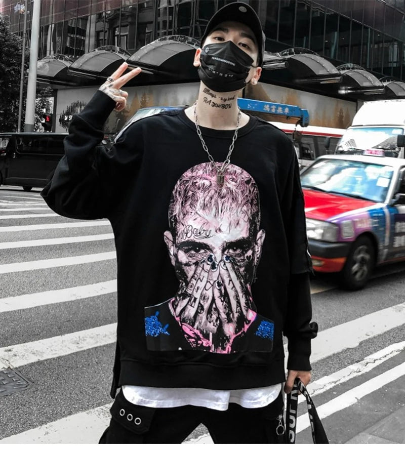 rainbowtouches long sleeve t shirt mens sweater high street fashion hip hop figure print stitching cuff design pattern coats trendy hip hop style outerwear, oversized graphic print design, aesthetic street look hoodie