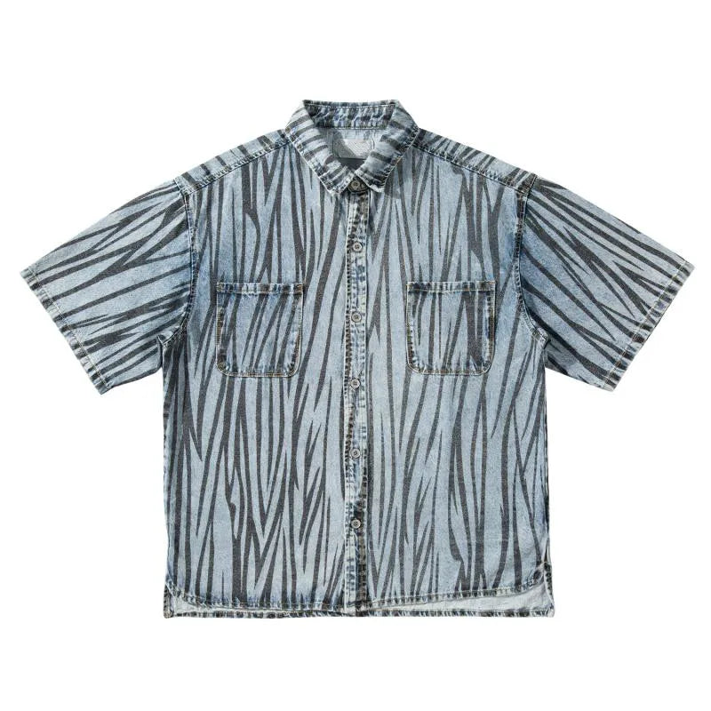 2 Pieces Sets Men Fashion Striped Printed Short Sleeves Single Breasted Loose Shirts and Shorts Joggers Streetwear Hip Hop Set