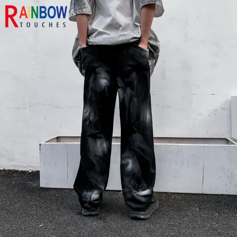 rainbowtouches classic fashion brand new trousers men tie dye gradient loose straight leg drape wide rope comfortable boys pants minimalist street pants