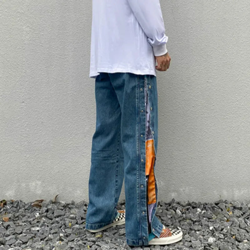 men side buttons patchwork harajuku straight denim jean pants casual elastic waist jeans trousers hip hop new streetwear joggers sporty tapered joggers