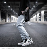men back letter embroidery denim jean pants fashion slim zipper biker jeans trouser new casual hip hop streetwear pants joggers unique joggers style 1298