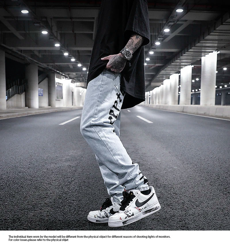 men back letter embroidery denim jean pants fashion slim zipper biker jeans trouser new casual hip hop streetwear pants joggers unique joggers style 1298