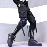 hip hop men ribbons cargo pants fashion harajuku 2023 new elastic waist casual streetwear mens joggers trousers black sporty tapered joggers
