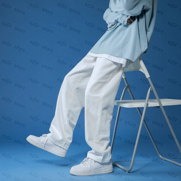 straight jeans men wide jeans white loose denim trousers neutral jean streetwear casual pure man women pants hip hop bagy jeans urban skinny jeans