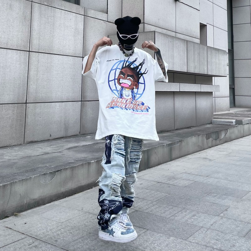 men high street denim jean pants casual loose destroyed ripped holes straight jeans fashion patchwork hip hop streetwear joggers unique joggers style 4516