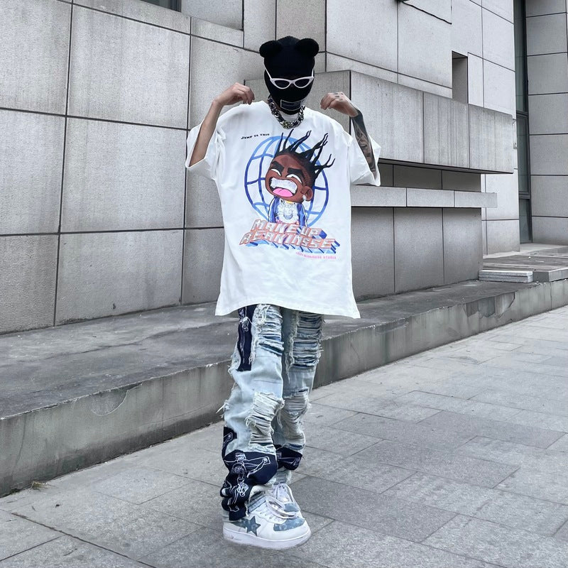 men high street denim jean pants casual loose destroyed ripped holes straight jeans fashion patchwork hip hop streetwear joggers unique joggers style 4516
