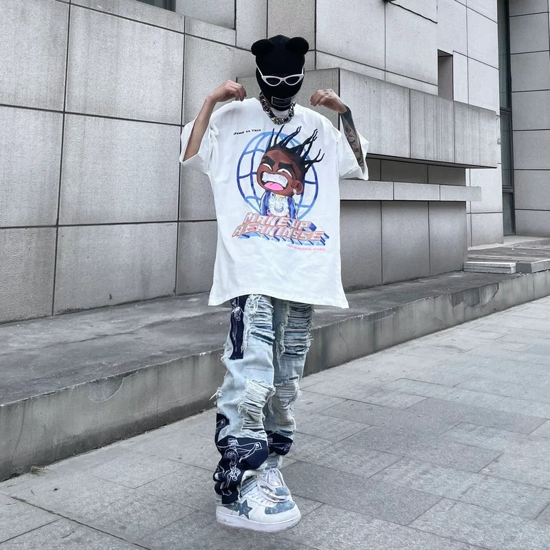 men high street denim jean pants casual loose destroyed ripped holes straight jeans fashion patchwork hip hop streetwear joggers casual joggers
