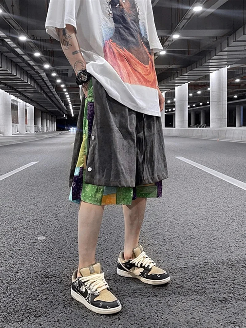 men side buttons patchwork harajuku straight shorts new elastic waist short pants joggers hip hop streetwear casual sweatshorts sporty tapered joggers