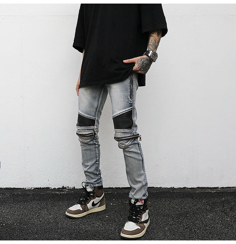 high street pu leather zippers patchwork biker jeans mens stretch denim slim jean pants motorcycle slim trousers hip hop pants unique jeans style 2305