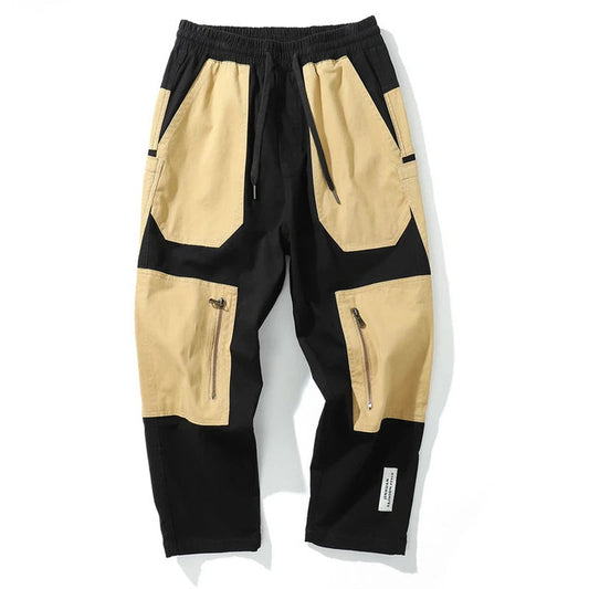 rainbowtouches men fashion retro casual splicing solid color straight cargo zipper pocket pants hip hop high street long trouser baggy cargo bottoms