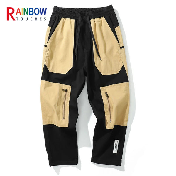 rainbowtouches men fashion retro casual splicing solid color straight cargo zipper pocket pants hip hop high street long trouser baggy cargo bottoms