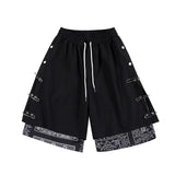 Mens Shorts Hip Hop Stitching Sweat Shorts with Pin Unisex Elastic Waist Loose Straight Streetwear Sports Shorts Casual Shorts