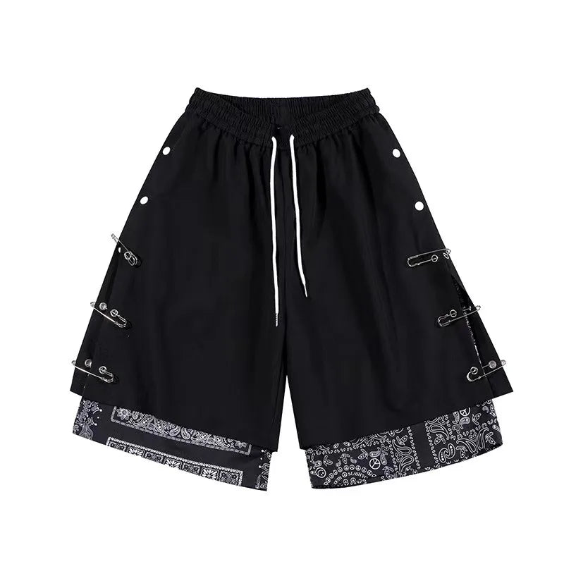 Mens Shorts Hip Hop Stitching Sweat Shorts with Pin Unisex Elastic Waist Loose Straight Streetwear Sports Shorts Casual Shorts