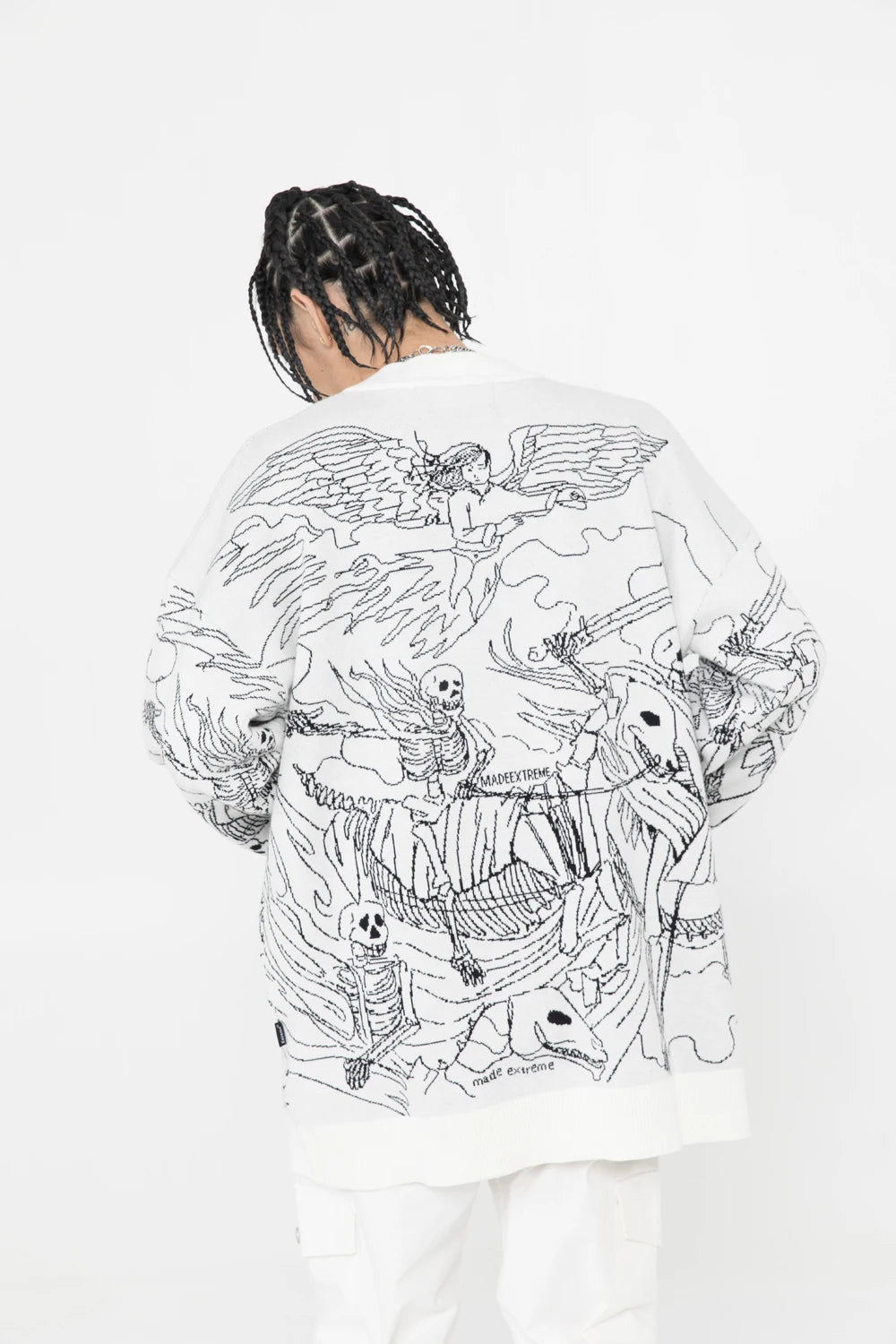 techwear flame knit sweater with structured oversized fit, ideal for cold streetwear layers, men’s streetwear clothing piece 