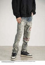 destroyed ripped straight jeans pants mens distressed biker jeans fashion irregular embroidery streetwear hip hop pants joggers unique joggers style 3953