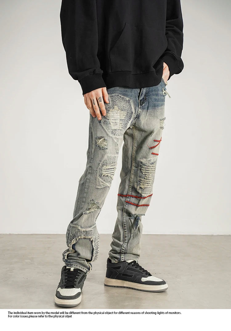 destroyed ripped straight jeans pants mens distressed biker jeans fashion irregular embroidery streetwear hip hop pants joggers unique joggers style 3953