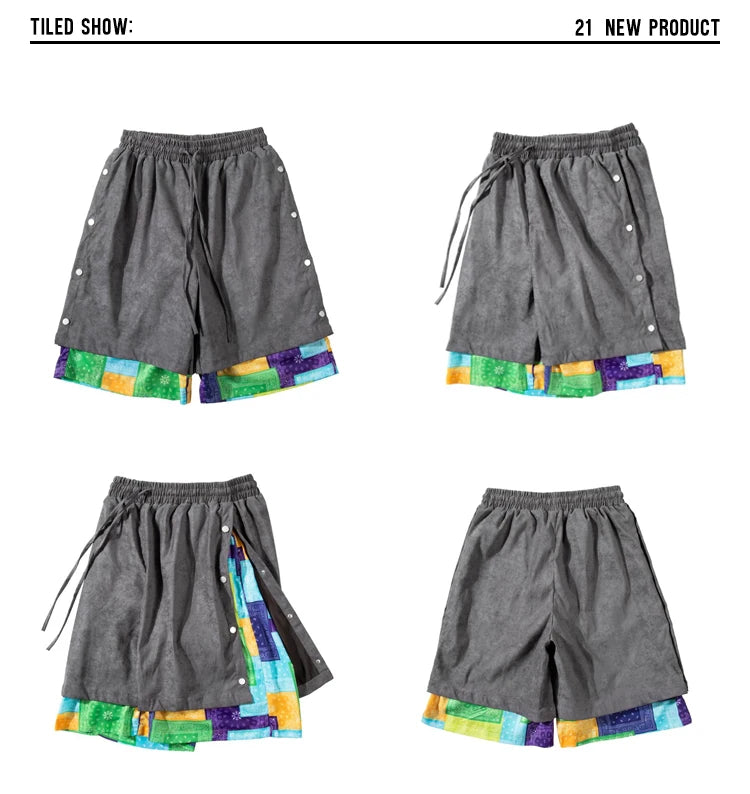 men side buttons patchwork harajuku straight shorts new elastic waist short pants joggers hip hop streetwear casual sweatshorts unique joggers style 1099