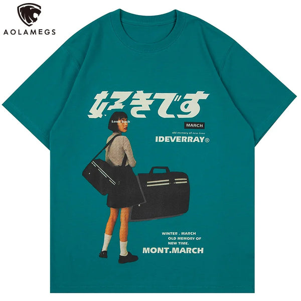 Trapwear Aesthetic print tee – Aolamegs Japanese Harajuku Girl Kanji Print T Shirt Men Coll