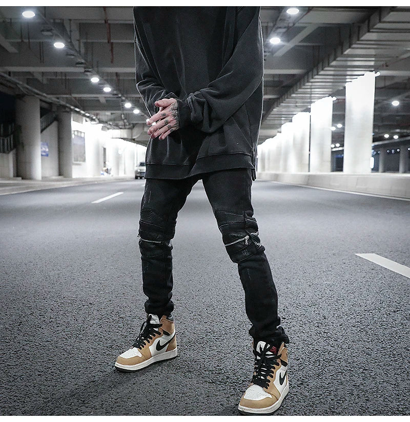 knee zipper hole patckwork skinny denim jeans men casual slim biker trousers jeans fashion streetwear hip hop jean pants joggers unique joggers style 1034