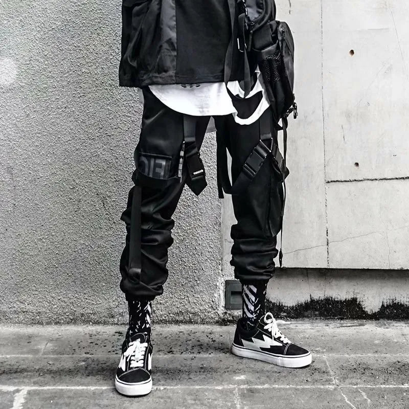 men hip hop black cargo pants joggers sweatpants overalls men ribbons streetwear harem pants women fashions trousers unique joggers style 2691