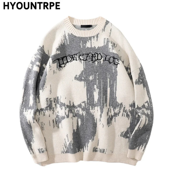 hip hop letter embroidery knitted oversized sweater men new casual o neck long sleeve pullover streetwear unisex loose sweaters - soft fleece-lined outerwear, Y2K grunge street style, oversized streetwear hoodie