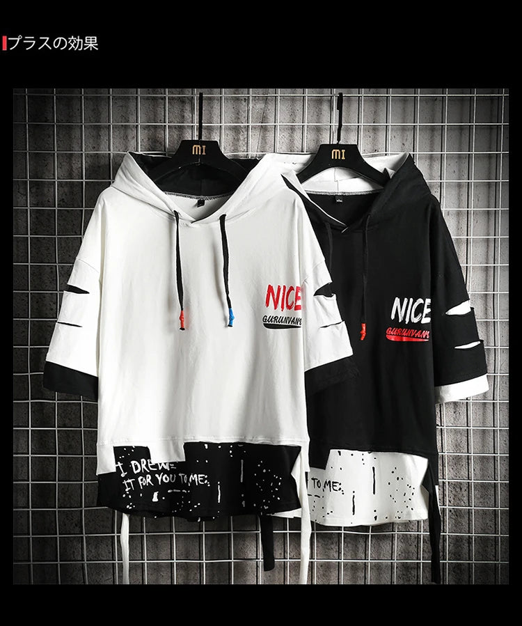 Men Fashion Ribben Hoodie Summer Short Sleeve Hoodies Mens Hoodies