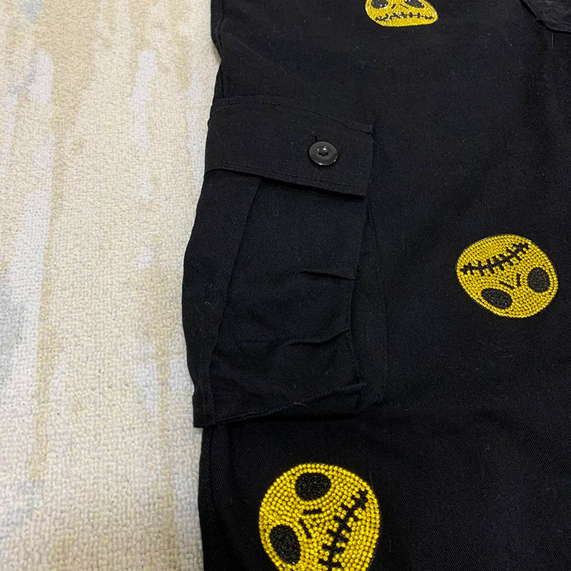 mens high street smilely loose cargo pants casual zipper straight jeans hip hop side pockets loose fit streetwear casual joggers unique joggers style 3494