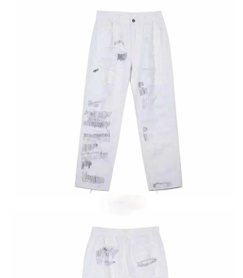 mens high street denim jean pants new casual loose ripped holes straight zipper white jeans trousers hip hop streetwear joggers unique joggers style 2633
