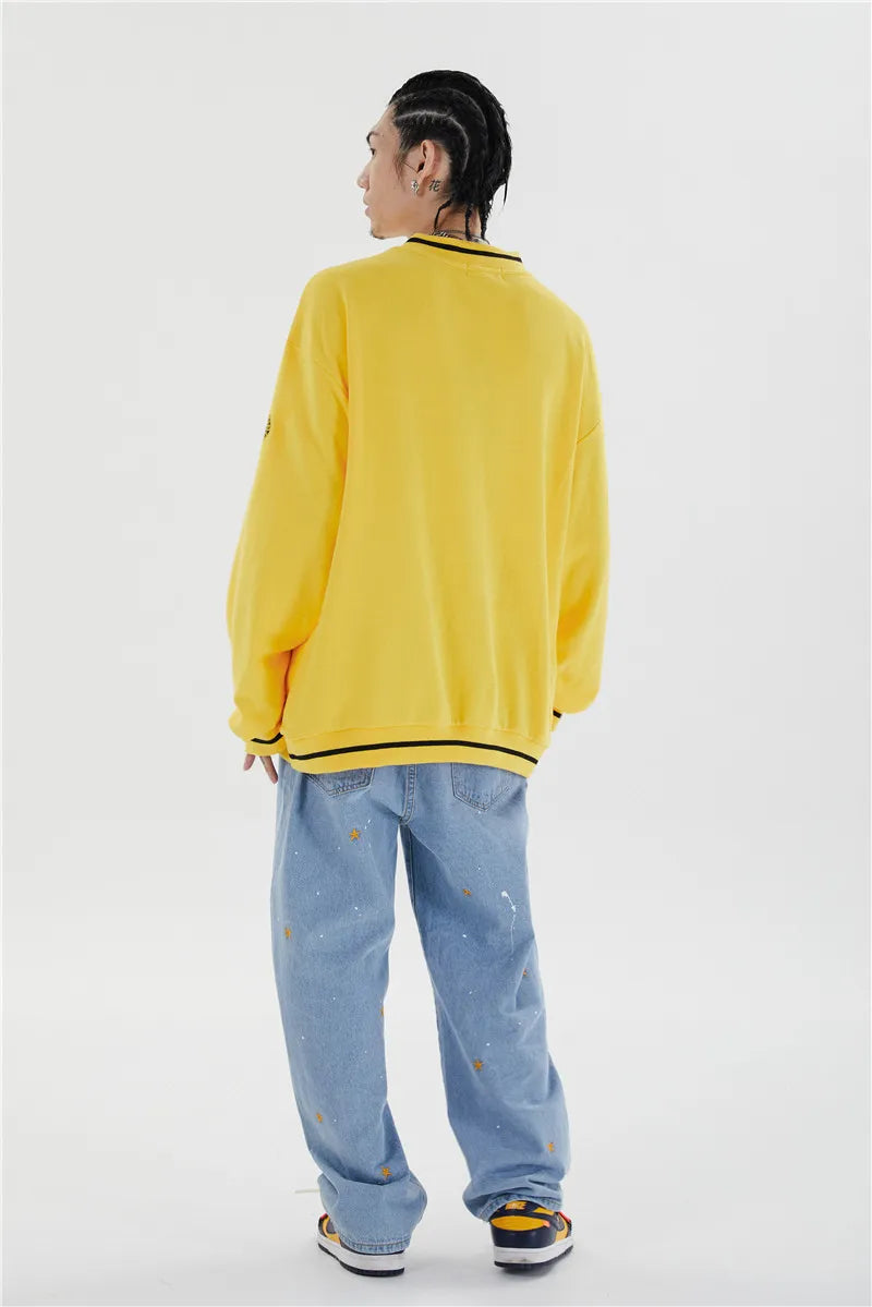 Mens Letter Embroidery Tshirt Tops Men V Neck Long Sleeve Loose Tees Hip Hop Solid Color Oversize Skateboard Streetwear Pullover