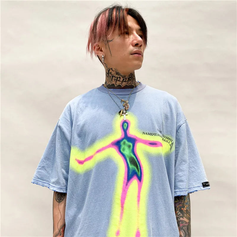 Vaporwave Aesthetic print tee – Distorted Portrait Printing Short Sleeved T Shirt Hip Hop Su