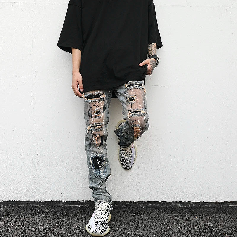 bottom zipper destroyed jeans skinny jeans ripped slim men biker jeans fashion graffiti printed streetwear hip hop pants joggers casual joggers