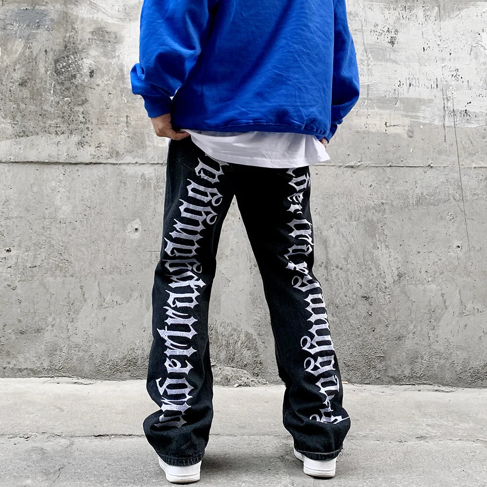 fashion back letters embroidery denim flare jeans mens zipper straight trouser hip hop destroy holes streetwear pants joggers unique joggers style 129