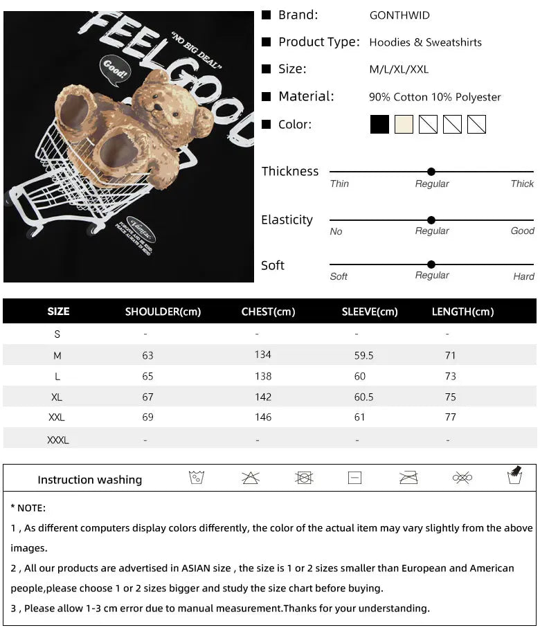 Gonthwid Men Hip Hop Hoodie Sweatshirt Streetwear Funny Bear Print Hoo