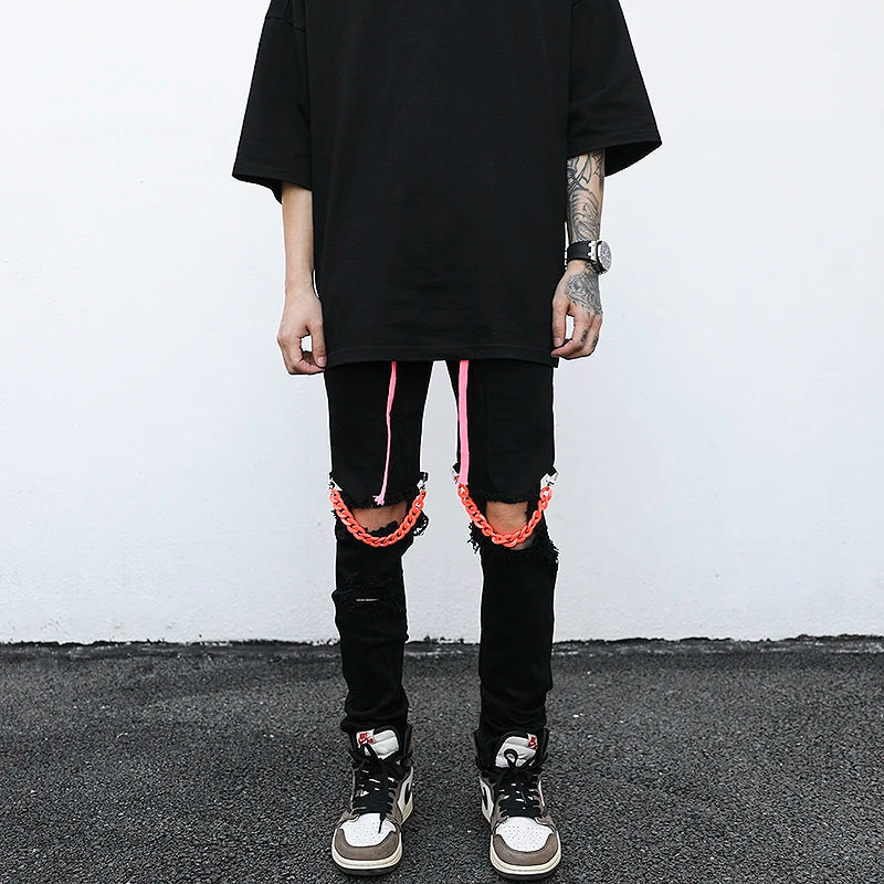 high street knee hole with chain ripped biker jeans mens slim fit denim pants autumn new streetwear casual hip hop pants joggers casual joggers