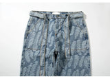 high street feathers embroidery denim pants mens zipper straight jeans trouser with belt hip hop streetwear loose joggers pants unique joggers style 3600