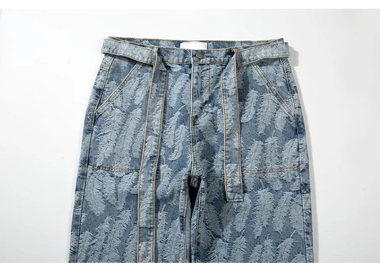 high street feathers embroidery denim pants mens zipper straight jeans trouser with belt hip hop streetwear loose joggers pants unique joggers style 3600