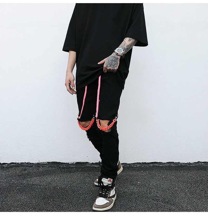 high street knee hole with chain ripped biker jeans mens slim fit denim pants autumn new streetwear casual hip hop pants joggers unique joggers style 4260
