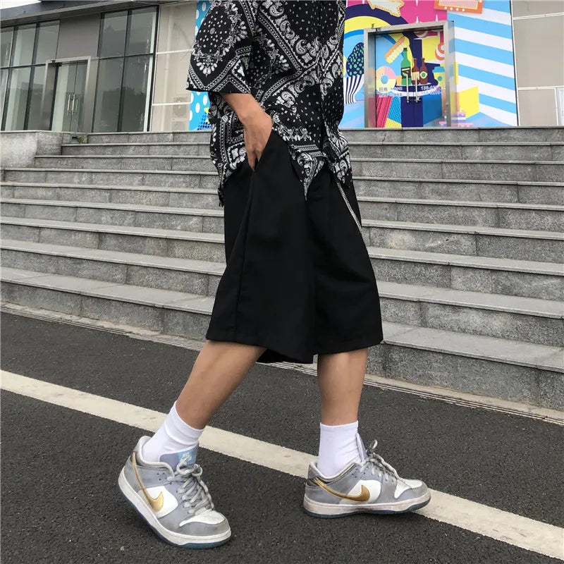mens shorts summer casual black zipper elastic waist straight short pants with chain new hip hop streetwear loose shorts joggers casual joggers