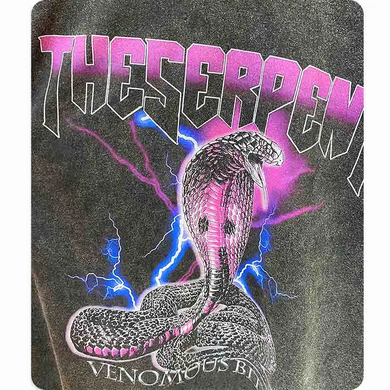 Sadcore Aesthetic print tee – Men Washed T Shirt Hip Hop Streetwear Lightning Snake Print