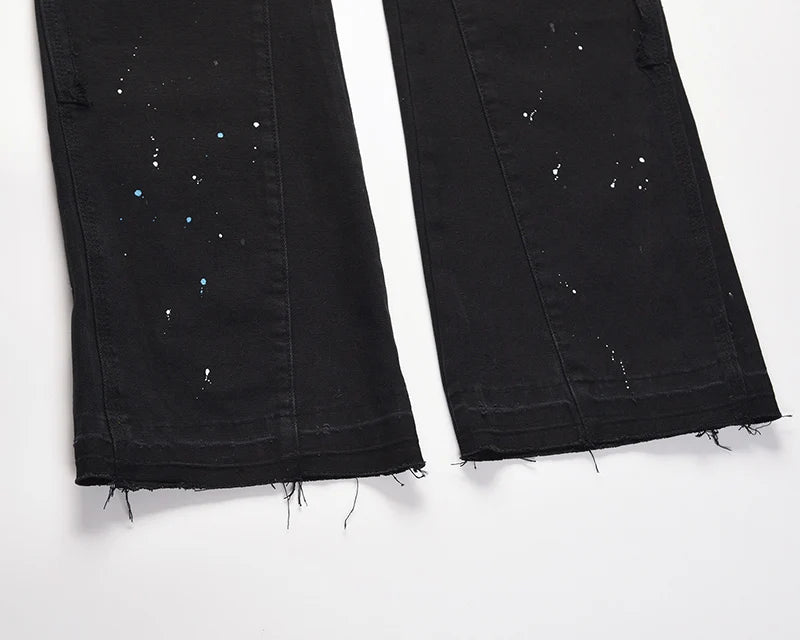 2023 streetwear graffiti cargo flared jeans khaki black splash ink wide leg denim pant hip hop cargo trousers jean men unique cargo style 5171