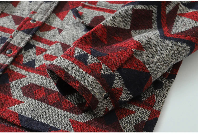 Color Retro Geometric Pattern Men Shirt Thick Casual Baggy Big Pockets High Street Autumn Streetwear