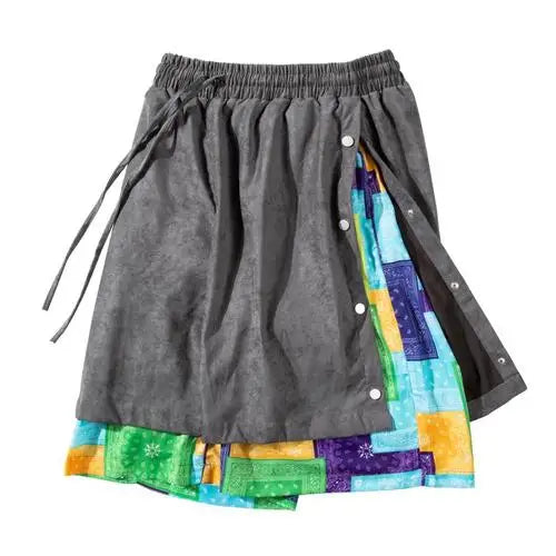 men side buttons patchwork harajuku straight shorts new elastic waist short pants joggers hip hop streetwear casual sweatshorts unique joggers style 1077