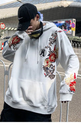 2023 Men Hip Hop Hoodie Sweatshirt Embroidered Floral Full Moon Rabbit Harajuku Streetwear Hoodie Pullover Cotton Autumn Hipster
